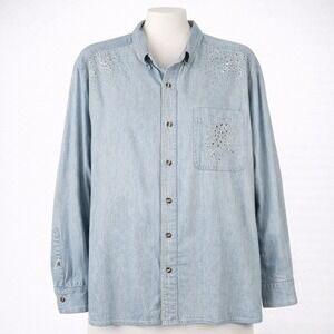Vtg Christine‎ Alexander L Blue Denim Shirt Button Rhinestone Star Y2K Americana
